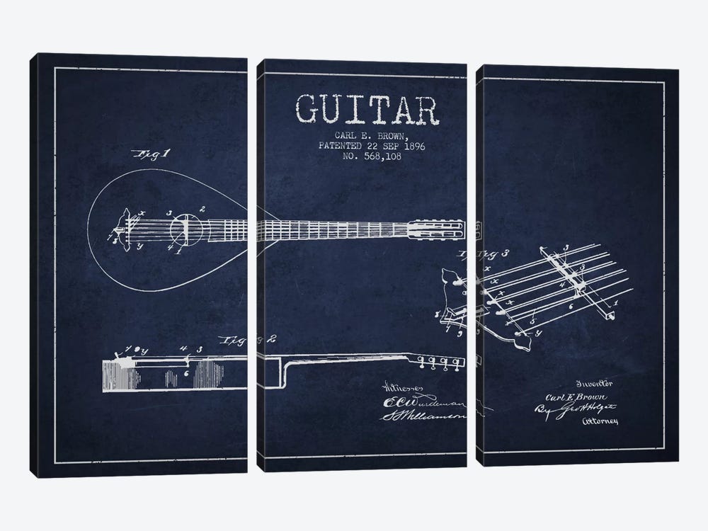 Guitar Navy Blue Patent Blueprint by Aged Pixel 3-piece Canvas Art Print