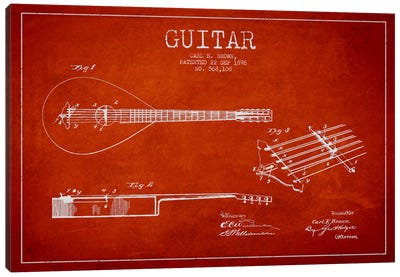 Guitar Red Patent Blueprint Canvas Art Print - Music Blueprints