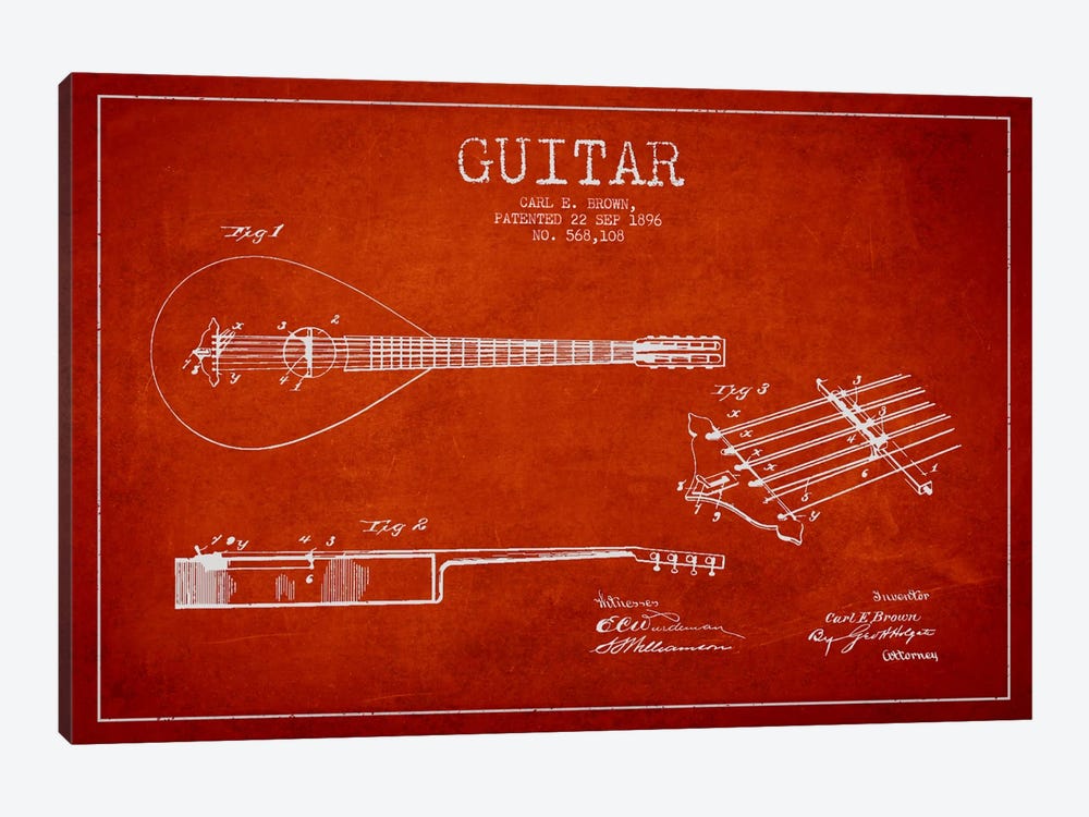 Guitar Red Patent Blueprint by Aged Pixel 1-piece Canvas Wall Art