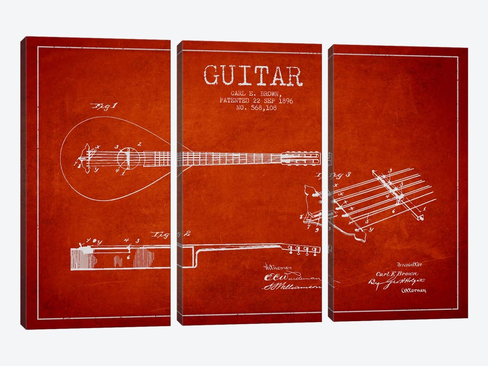 Guitar Red Patent Blueprint by Aged Pixel 3-piece Canvas Artwork