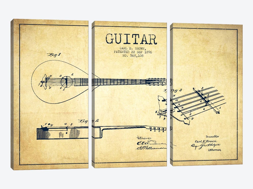 Guitar Vintage Patent Blueprint by Aged Pixel 3-piece Art Print