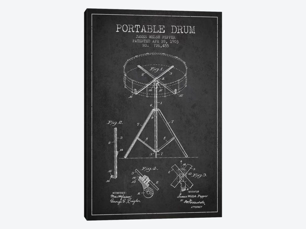 Drum Charcoal Patent Blueprint by Aged Pixel 1-piece Canvas Artwork