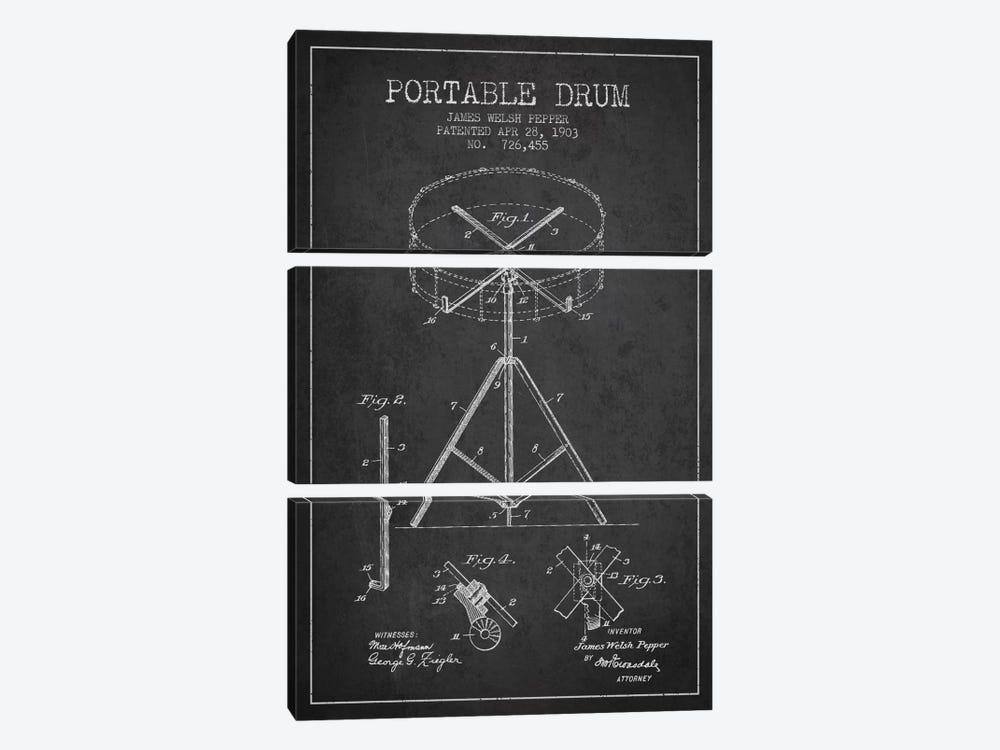 Drum Charcoal Patent Blueprint by Aged Pixel 3-piece Canvas Wall Art