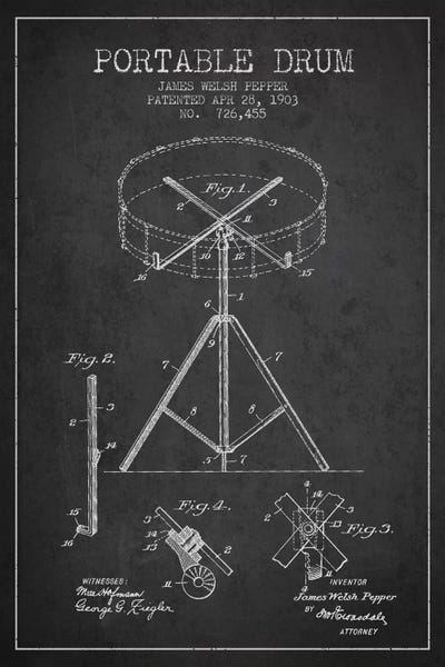 Music Blueprints: Drum Charcoal Patent Blueprint by Aged Pixel