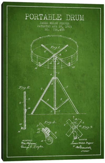 Drum Green Patent Blueprint Canvas Art Print - Drums Art