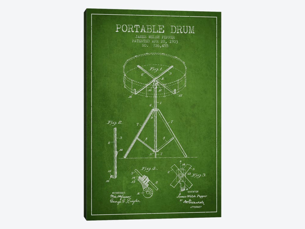 Drum Green Patent Blueprint by Aged Pixel 1-piece Canvas Art Print