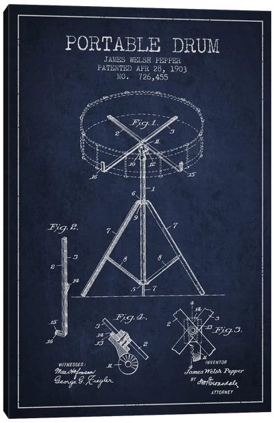 Drum Navy Blue Patent Blueprint Canvas Art Print - Drums Art