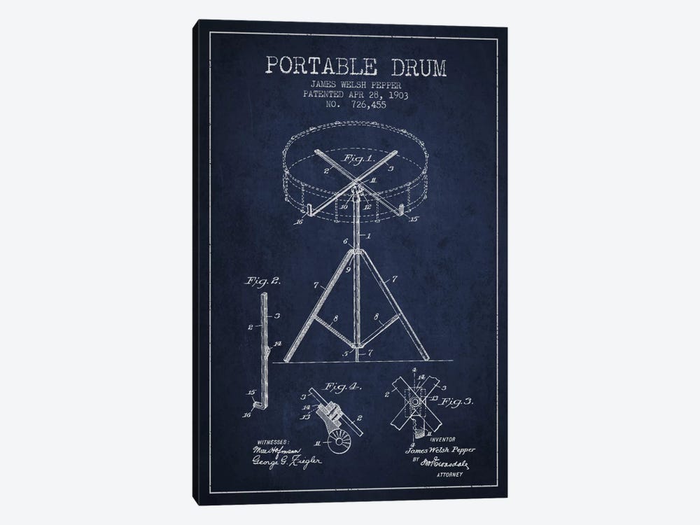 Drum Navy Blue Patent Blueprint by Aged Pixel 1-piece Canvas Wall Art