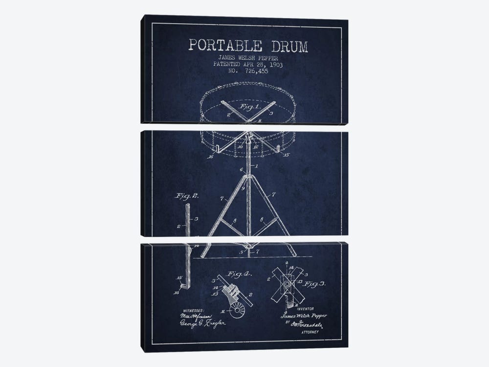 Drum Navy Blue Patent Blueprint by Aged Pixel 3-piece Canvas Wall Art