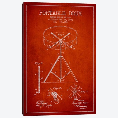 Drum Red Patent Blueprint Canvas Print #ADP887} by Aged Pixel Canvas Art
