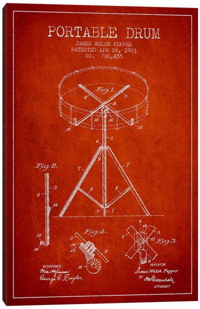 Drum Red Patent Blueprint Canvas Art Print - Aged Pixel: Music
