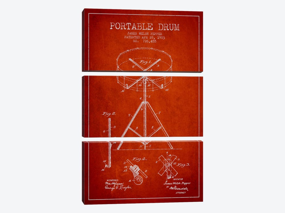 Drum Red Patent Blueprint by Aged Pixel 3-piece Canvas Print
