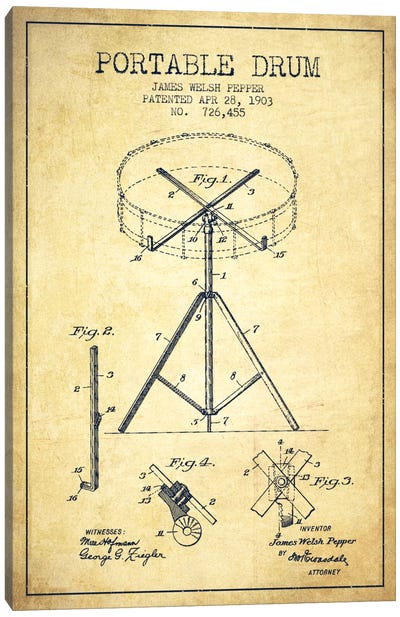 Drum Vintage Patent Blueprint Canvas Art Print - Aged Pixel: Music