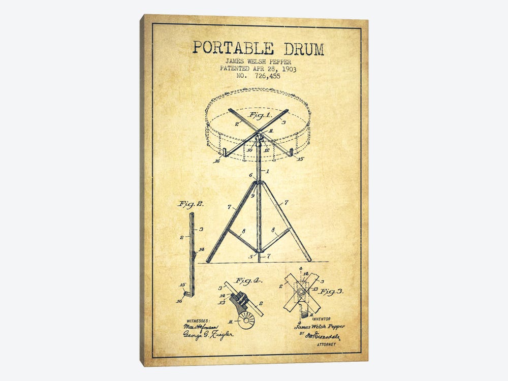 Drum Vintage Patent Blueprint by Aged Pixel 1-piece Canvas Art