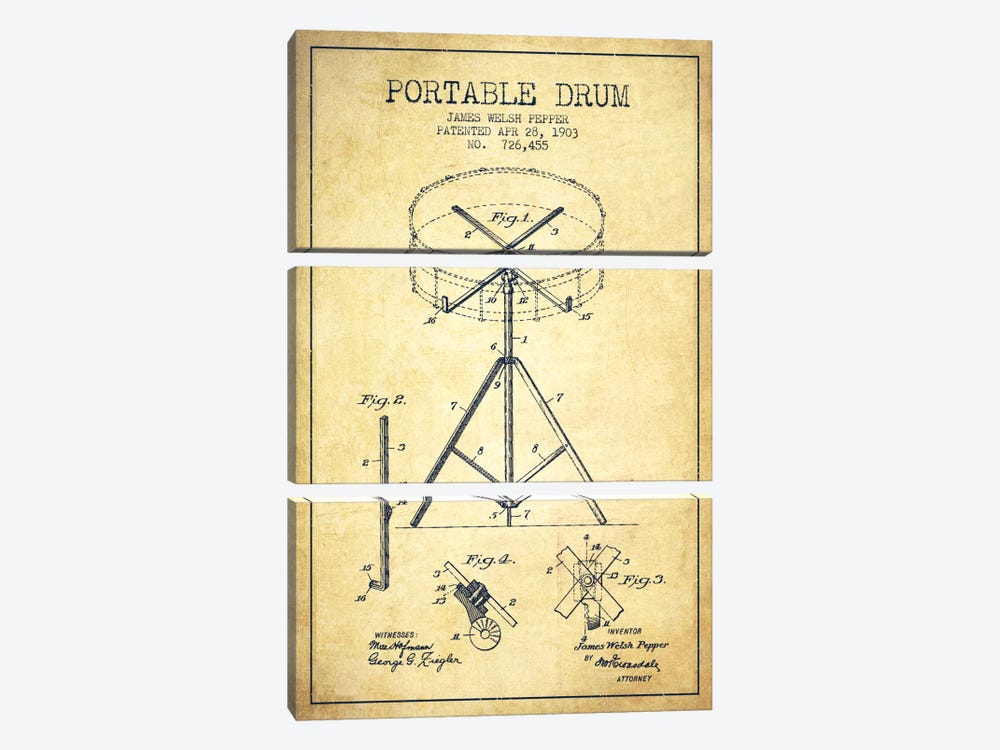 Drum Vintage Patent Blueprint by Aged Pixel 3-piece Canvas Art