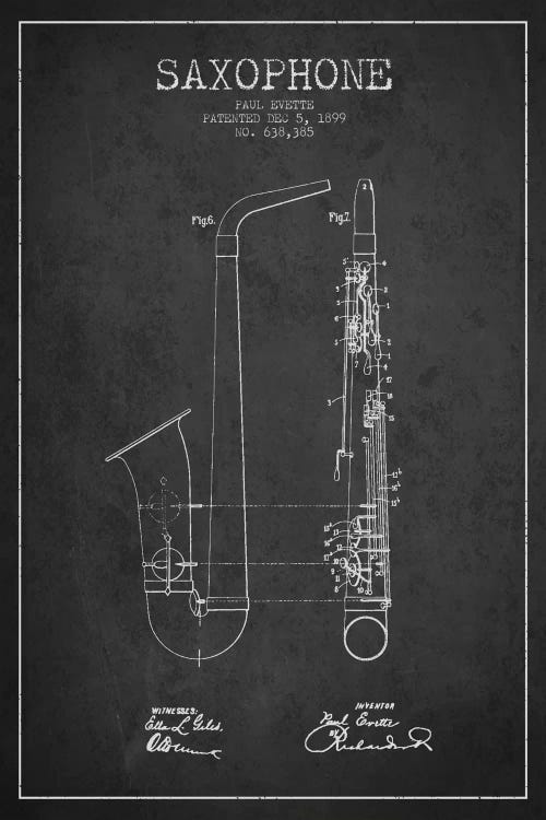 Saxophone Charcoal Patent Blueprint