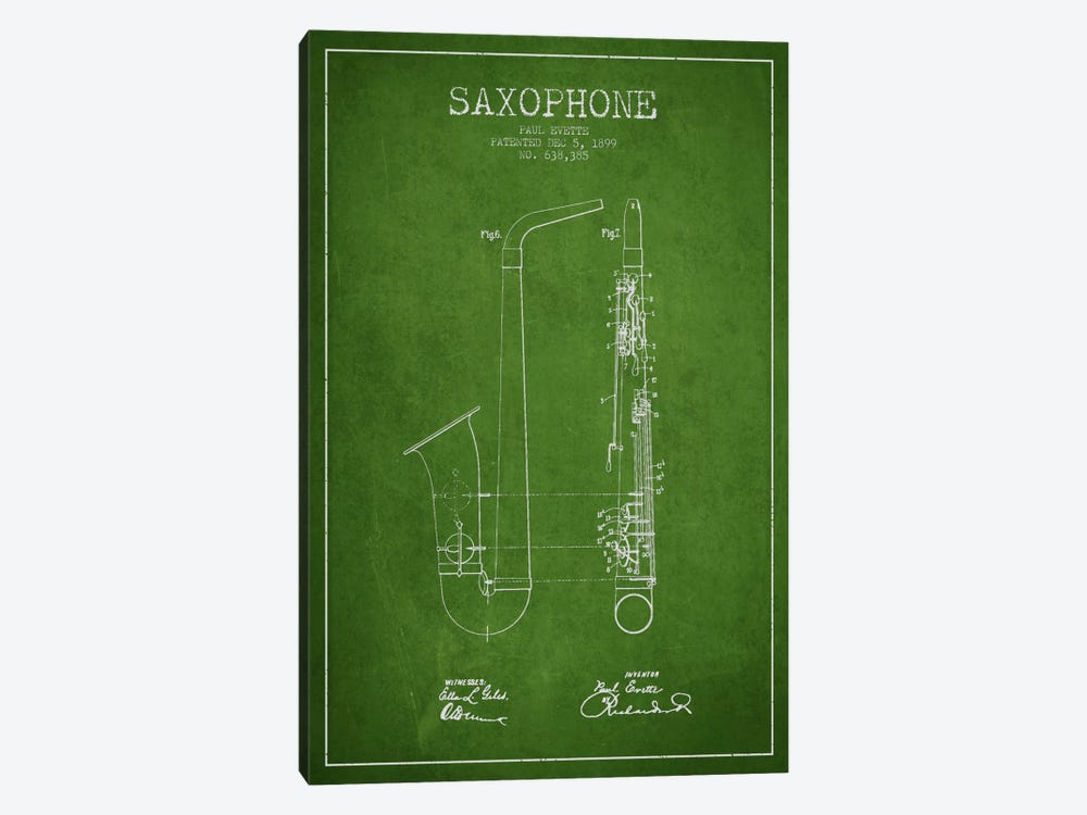 Saxophone Green Patent Blueprint by Aged Pixel 1-piece Art Print