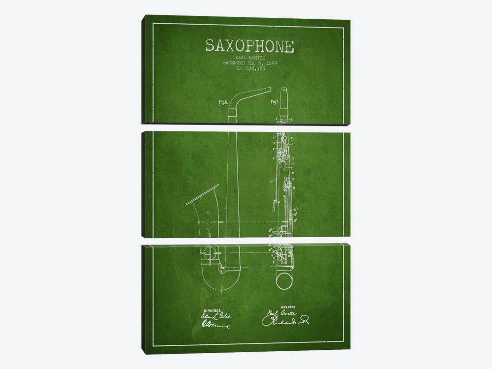 Saxophone Green Patent Blueprint by Aged Pixel 3-piece Canvas Print