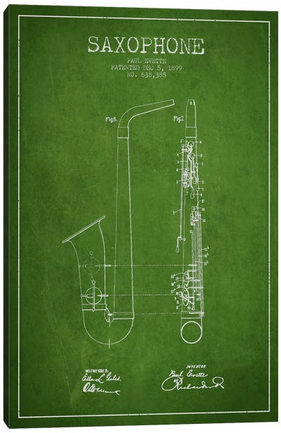 Saxophone Green Patent Blueprint Canvas Art Print - Music Blueprints