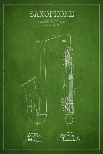 Saxophones: Saxophone Green Patent Blueprint by Aged Pixel