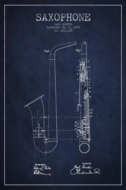 Saxophone Navy Blue Patent Blueprint by Aged Pixel wall art