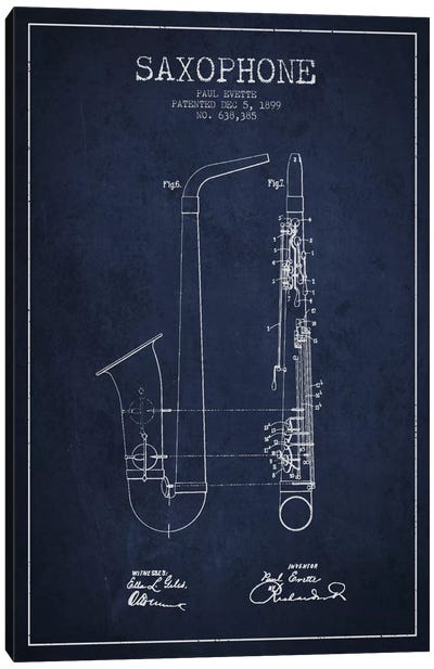 Saxophone Navy Blue Patent Blueprint Canvas Art Print - Aged Pixel: Music