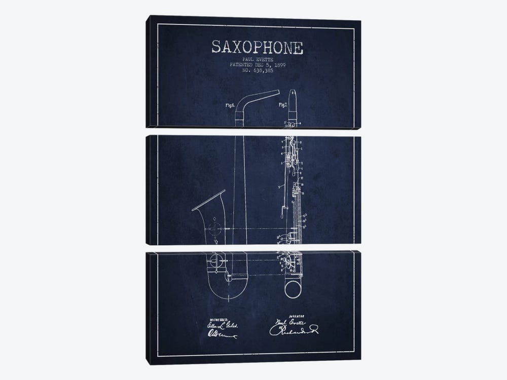 Saxophone Navy Blue Patent Blueprint by Aged Pixel 3-piece Canvas Wall Art