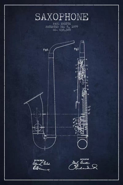 Aged Pixel: Saxophone Navy Blue Patent Blueprint by Aged Pixel