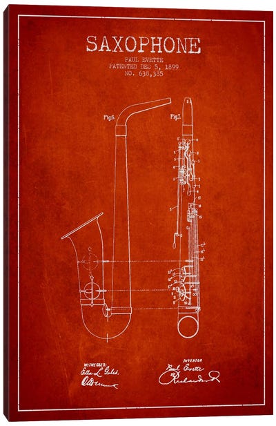 Saxophone Red Patent Blueprint Canvas Art Print - Musical Instrument Art