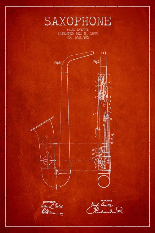 Saxophone Red Patent Blueprint by Aged Pixel wall art