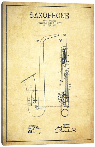Saxophone Vintage Patent Blueprint Canvas Art Print - Aged Pixel: Music
