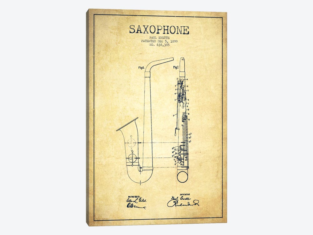 Saxophone Vintage Patent Blueprint by Aged Pixel 1-piece Canvas Wall Art