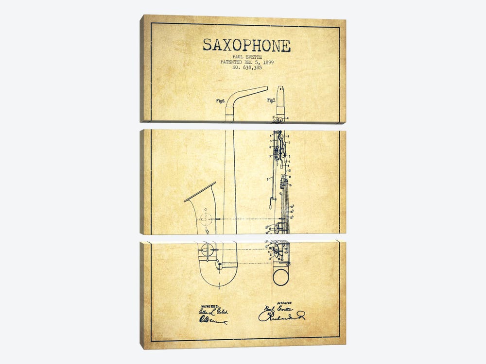 Saxophone Vintage Patent Blueprint by Aged Pixel 3-piece Canvas Artwork