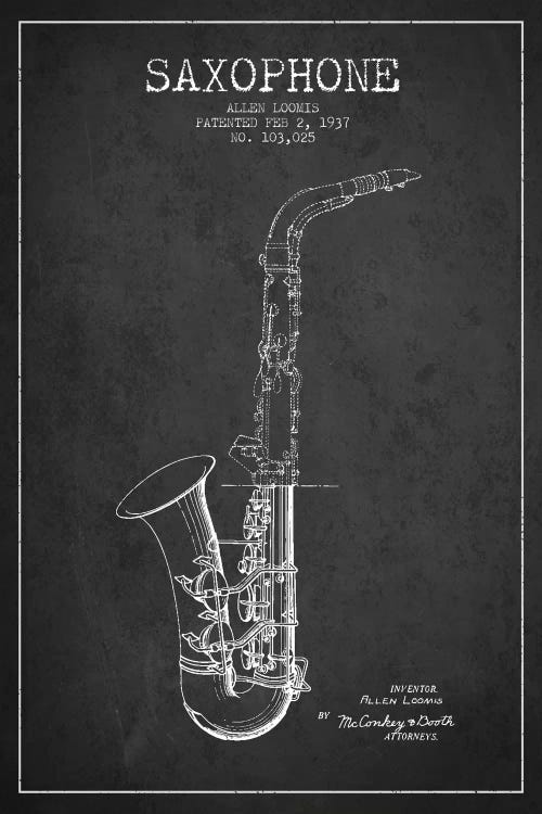 Saxophone Charcoal Patent Blueprint