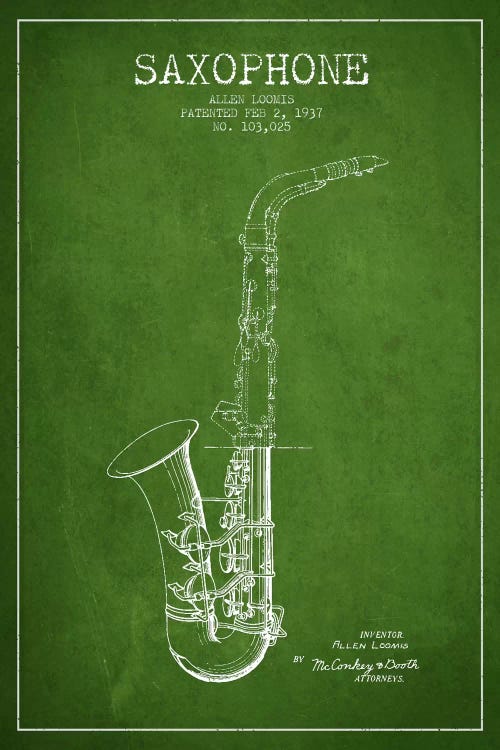 Saxophone Green Patent Blueprint