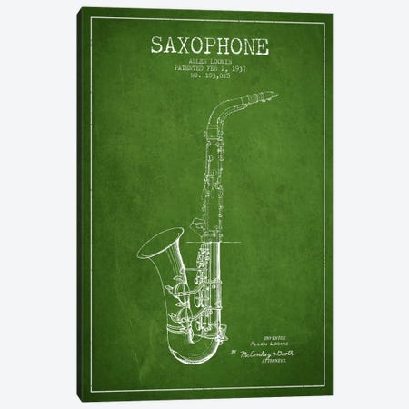 Saxophone Green Patent Blueprint Canvas Print #ADP895} by Aged Pixel Art Print
