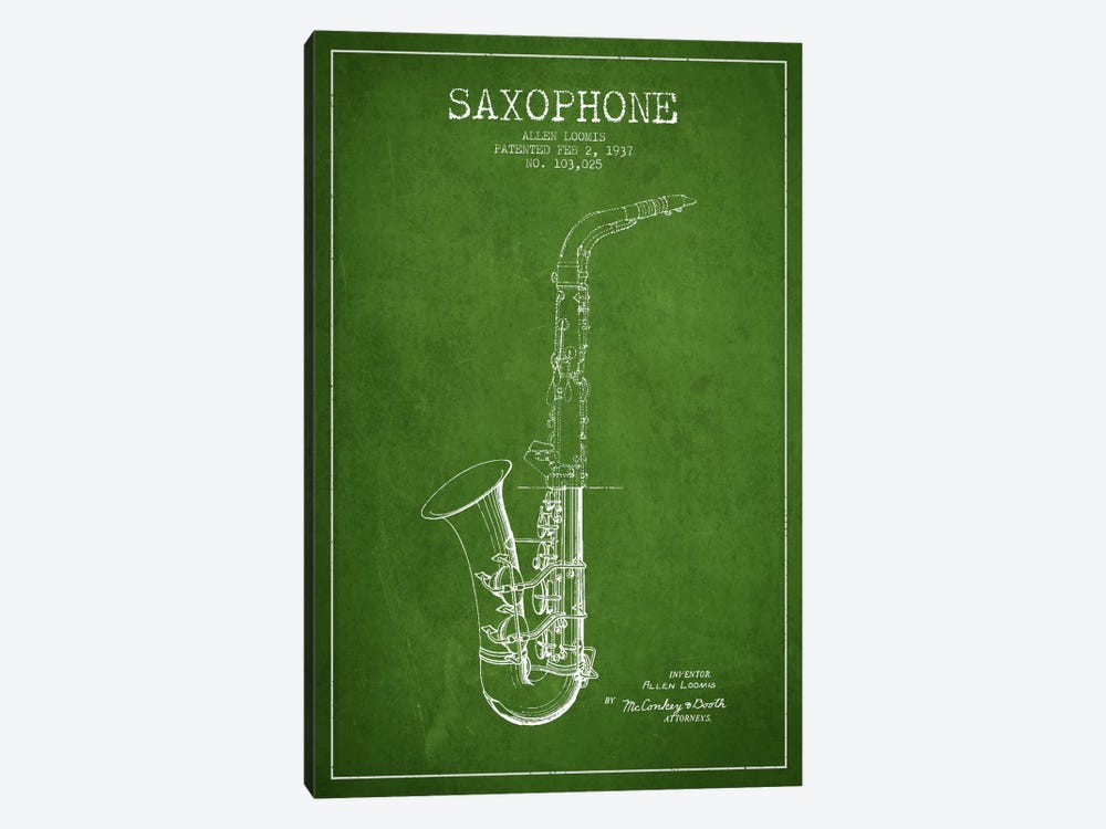 Saxophone Green Patent Blueprint by Aged Pixel 1-piece Canvas Wall Art