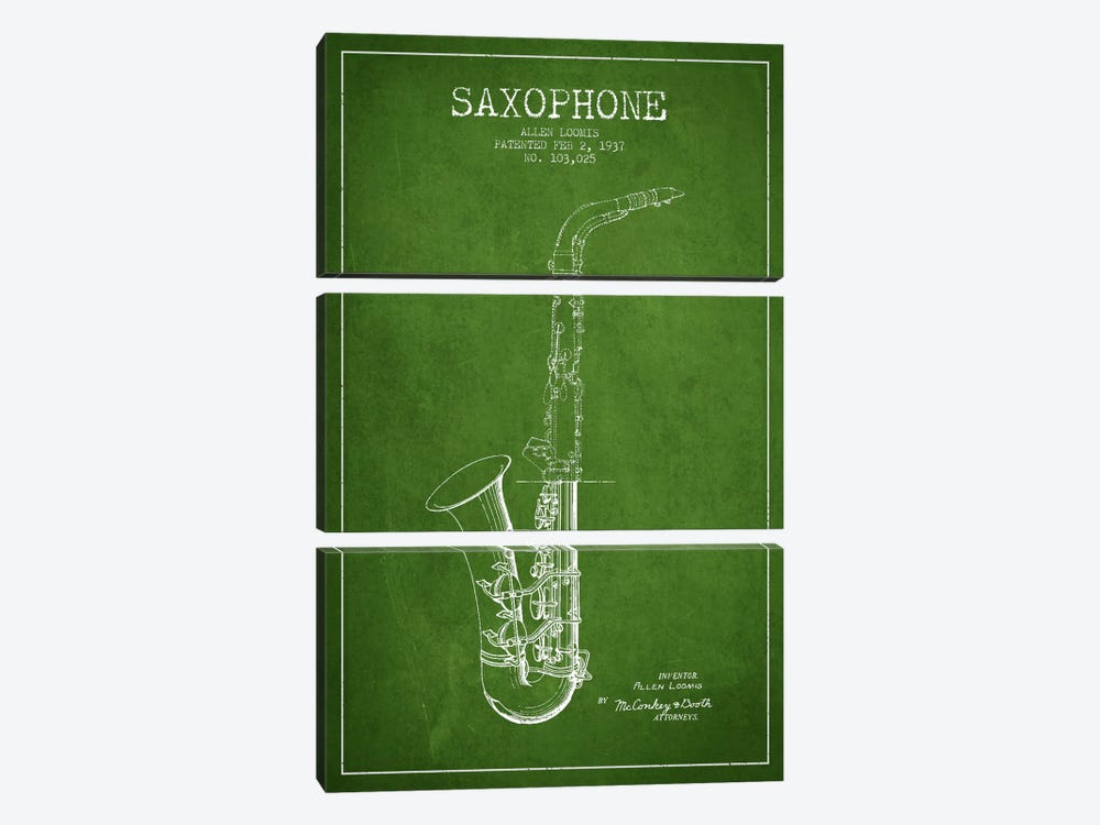 Saxophone Green Patent Blueprint by Aged Pixel 3-piece Canvas Artwork