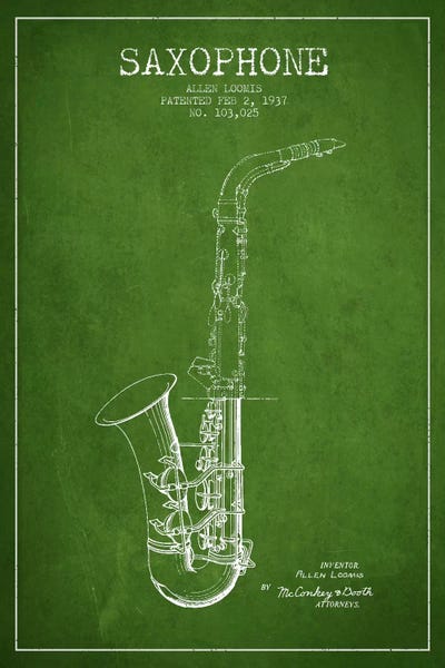 Saxophones: Saxophone Green Patent Blueprint by Aged Pixel