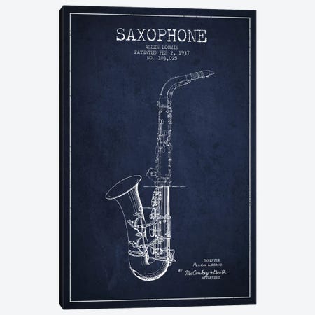 Saxophone Navy Blue Patent Blueprint Canvas Print #ADP896} by Aged Pixel Art Print