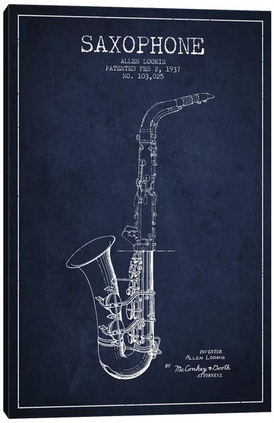 Saxophone Navy Blue Patent Blueprint Canvas Art Print - Saxophone Art