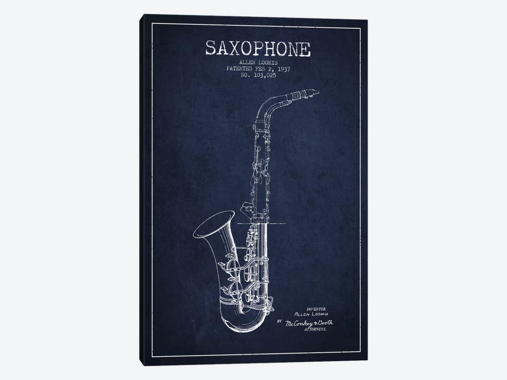 Saxophone Navy Blue Patent Blueprint by Aged Pixel 1-piece Canvas Print