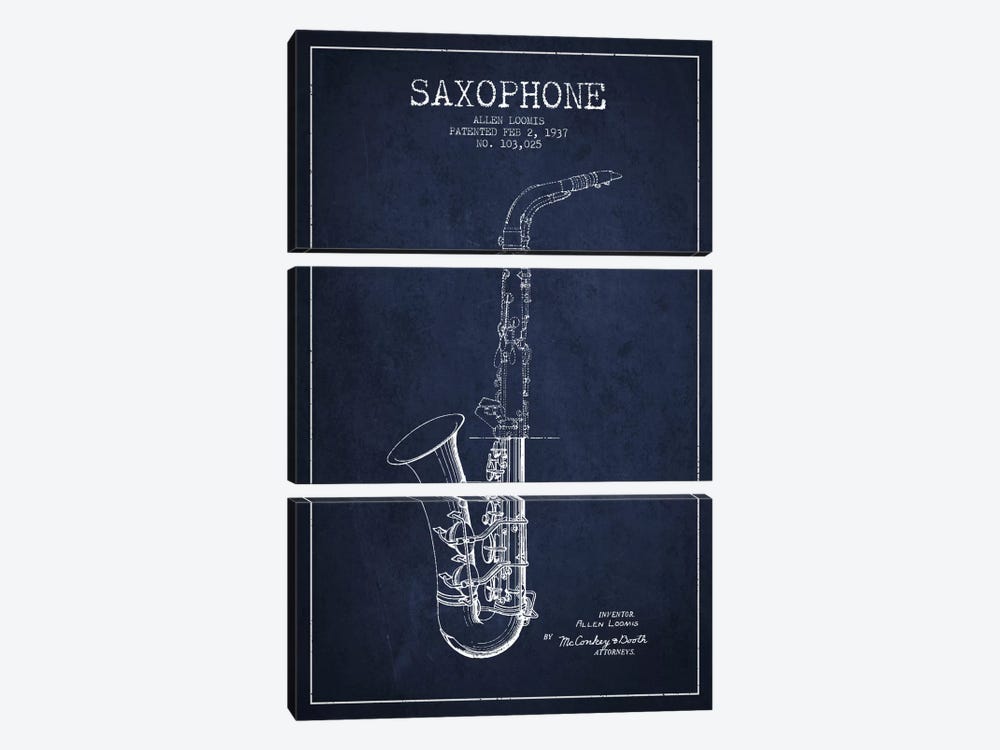 Saxophone Navy Blue Patent Blueprint by Aged Pixel 3-piece Art Print