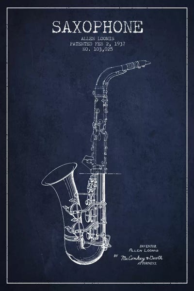 Aged Pixel: Saxophone Navy Blue Patent Blueprint by Aged Pixel