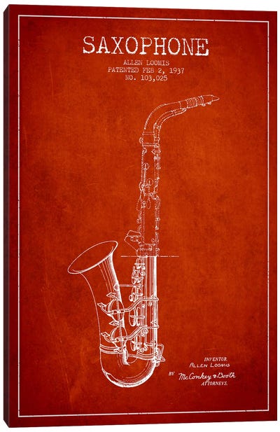 Saxophone Red Patent Blueprint Canvas Art Print - Music Blueprints