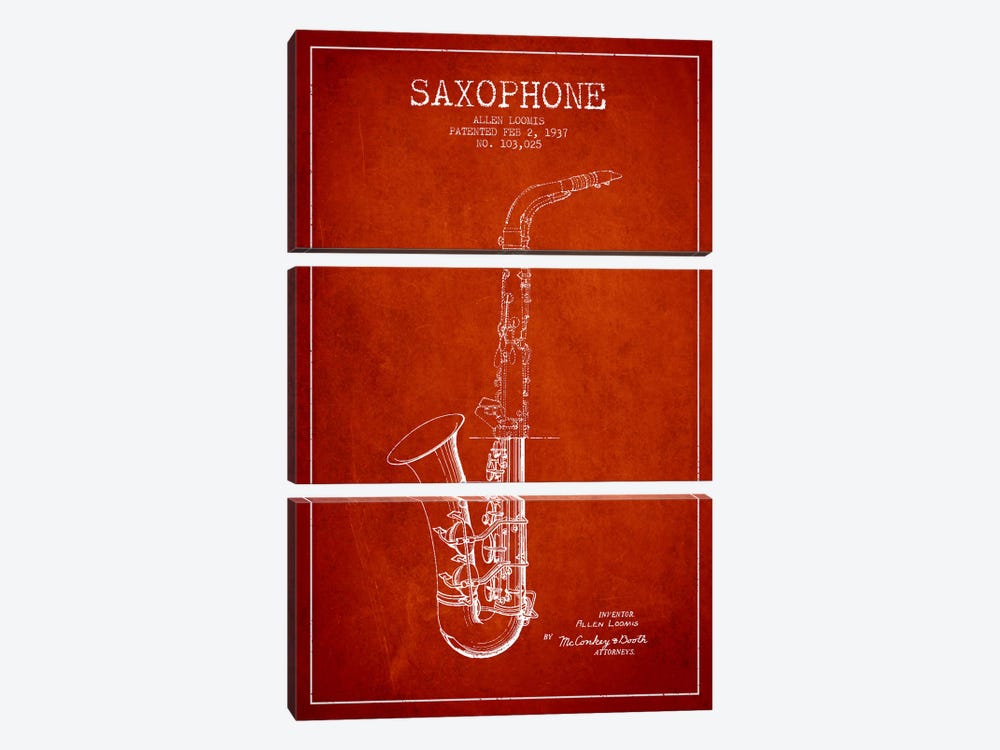 Saxophone Red Patent Blueprint by Aged Pixel 3-piece Canvas Artwork