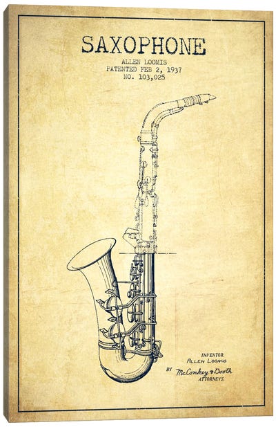 Saxophone Vintage Patent Blueprint Canvas Art Print - Music Blueprints