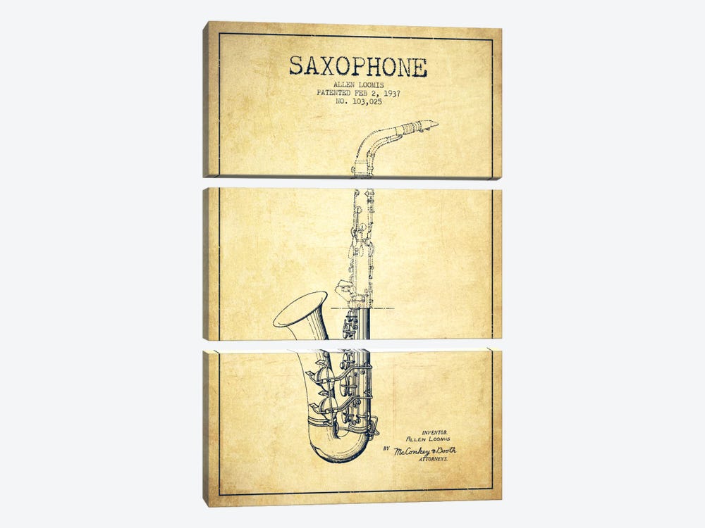 Saxophone Vintage Patent Blueprint by Aged Pixel 3-piece Canvas Print