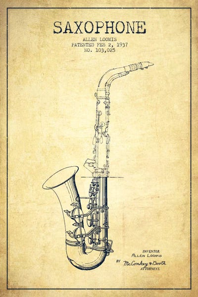 Music Blueprints: Saxophone Vintage Patent Blueprint by Aged Pixel