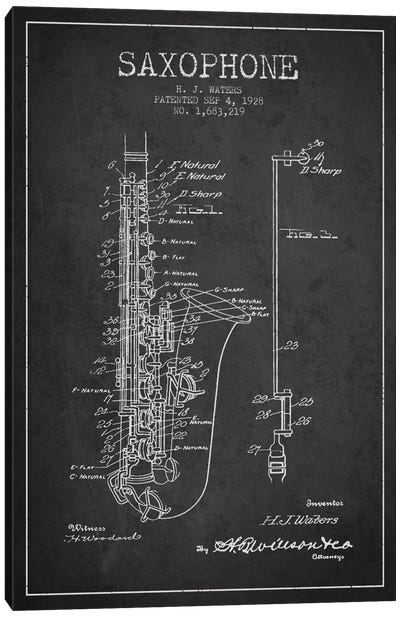 Saxophone Charcoal Patent Blueprint Canvas Art Print - Aged Pixel: Music